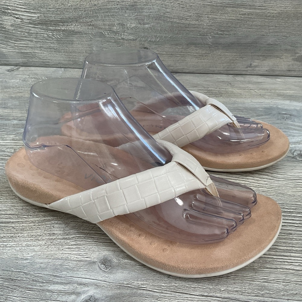 Vionic Layne White Croc Embossed Leather Orthotic Thong Sandals Womens 8 Wide